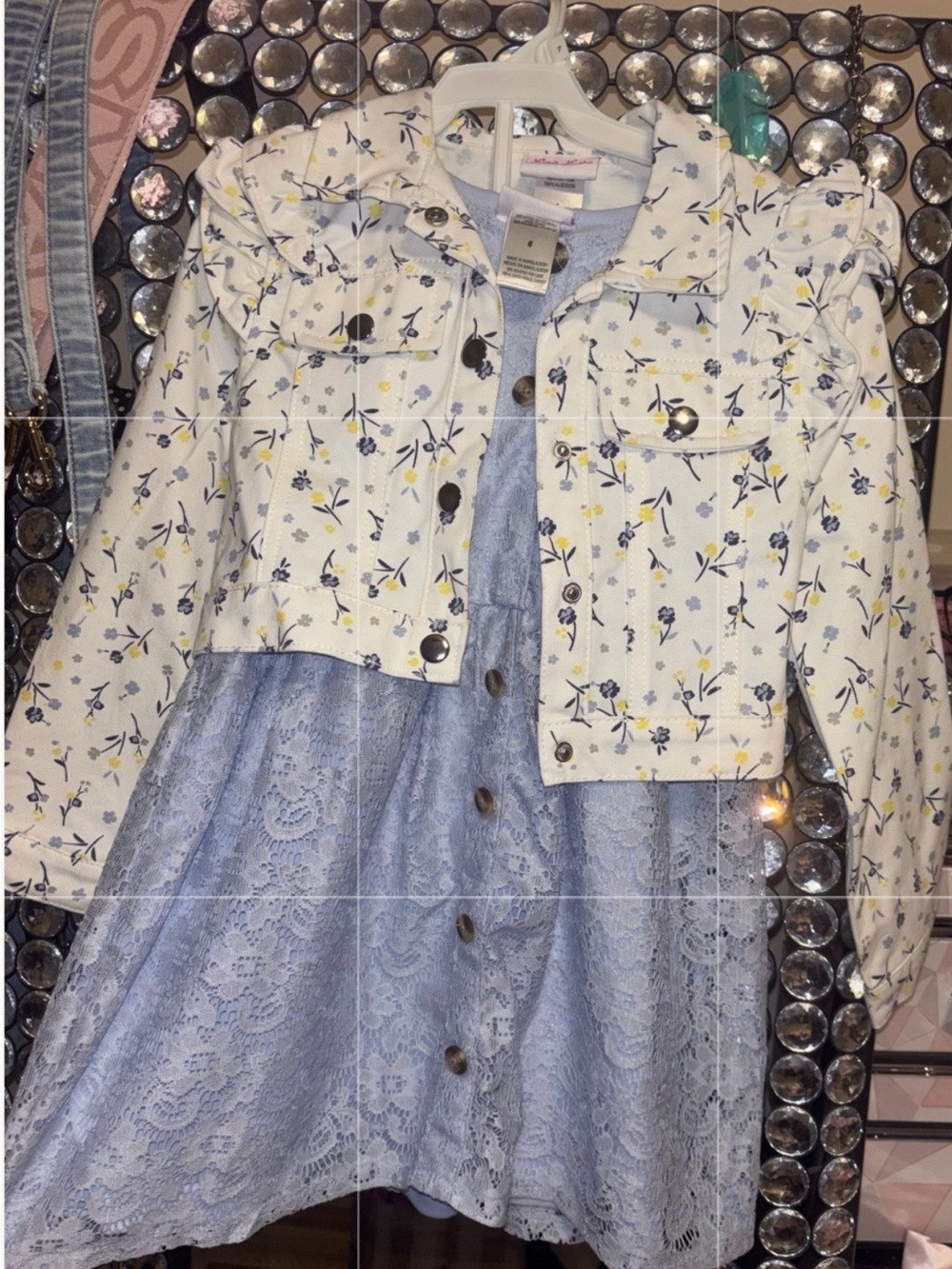 Little Lass White Floral Cropped Jacket with Light Blue Lace Dress